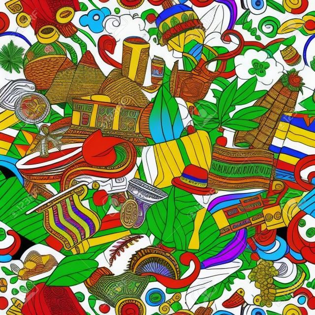 Cartoon doodles Bolivia naadloze patroon. Backdrop met Boliviaanse cultuur symbolen en items. Kleurrijke achtergrond voor print op stof, textiel, wenskaarten, sjaals, behang