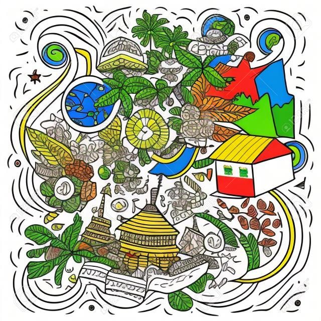 Illustrazione disegnata a mano di scarabocchi del fumetto del Suriname. divertente design da viaggio. sfondo vettoriale creativo. elementi e oggetti del paese dell'america latina.