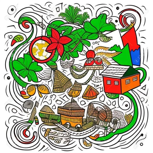 Illustrazione disegnata a mano di scarabocchi del fumetto del Suriname. divertente design da viaggio. sfondo vettoriale creativo. elementi e oggetti del paese dell'america latina.