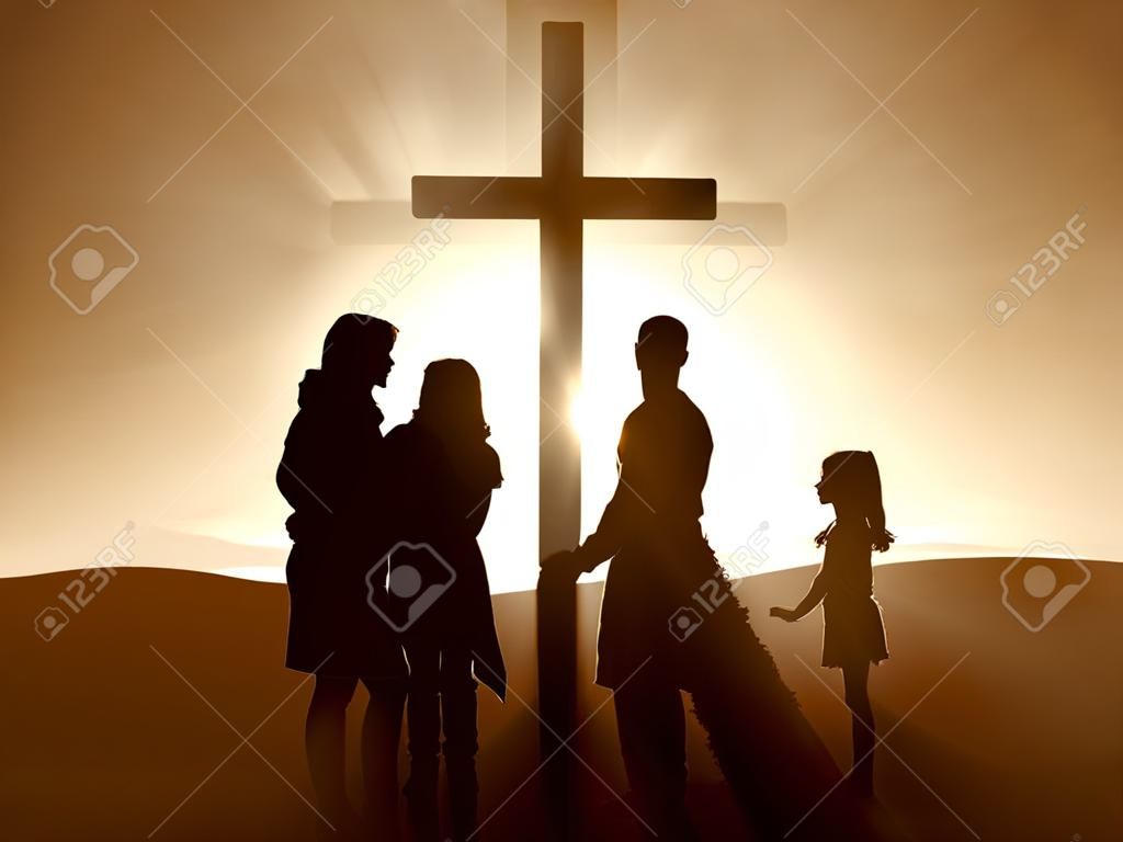Silhouetten von einer Familie bei der Kreuzigung Jesu.