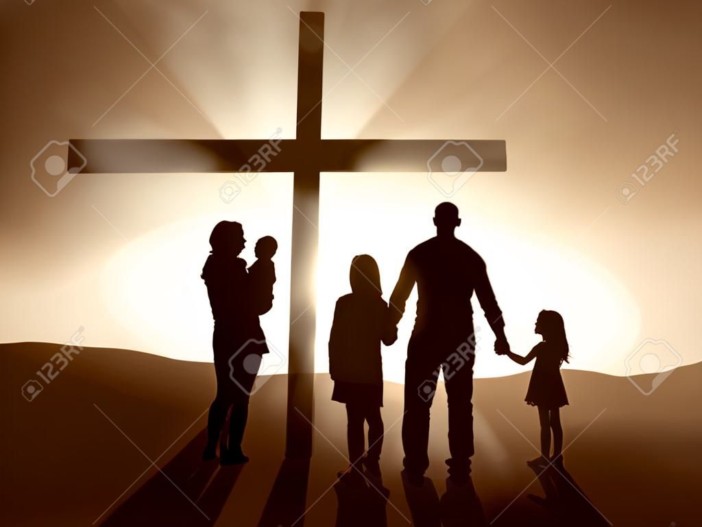 Silhouettes of a family at the Cross of Jesus. 
