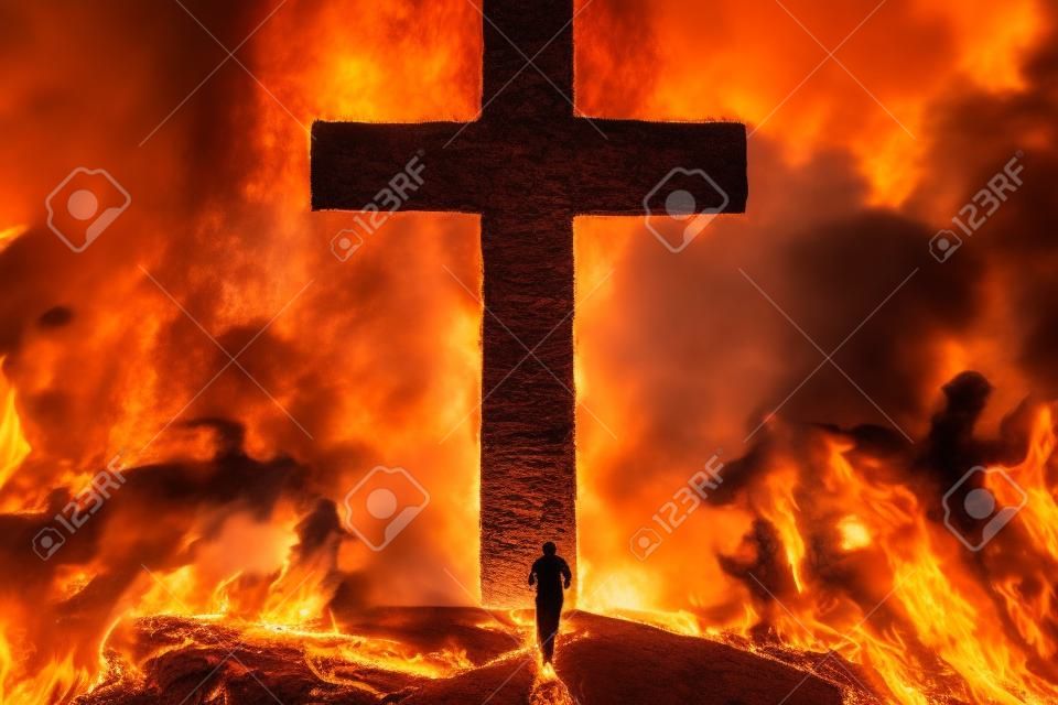 Person running from fire to safety of the Cross cut into a giant mountain