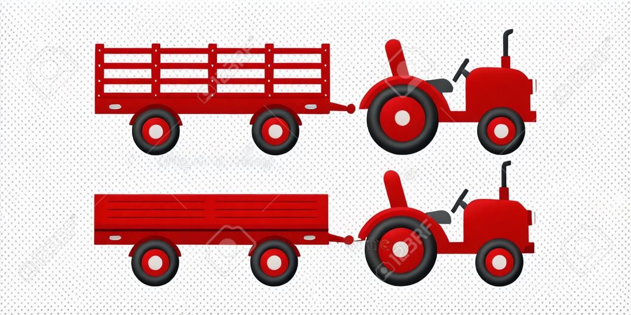 Landwirt-Traktor mit Anhänger-Icon-Set isoliert auf weißem Hintergrund. Kleiner roter Traktor, der unterschiedlichen offenen Anhänger zieht. Landwirtschaftliche Maschinen der flachen Designkarikatur für Feldarbeitsvektorillustration.