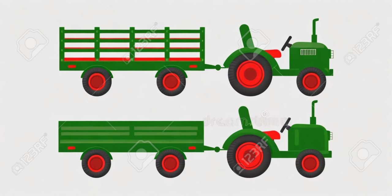 Landwirt-Traktor mit Anhänger-Icon-Set isoliert auf weißem Hintergrund. Kleiner roter Traktor, der unterschiedlichen offenen Anhänger zieht. Landwirtschaftliche Maschinen der flachen Designkarikatur für Feldarbeitsvektorillustration.