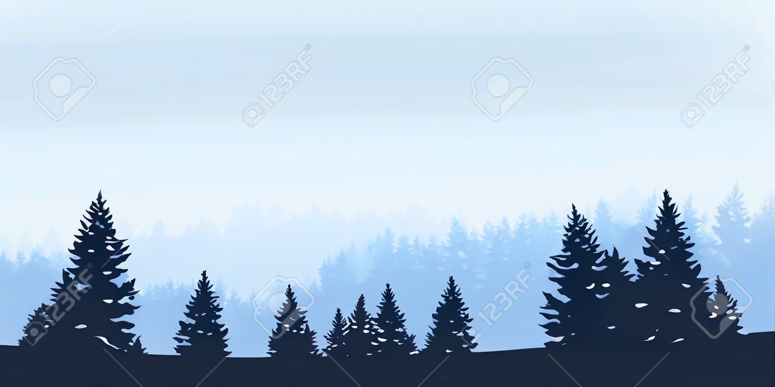 Panoramic view of landscape with blue forest under cloudy sky - vector