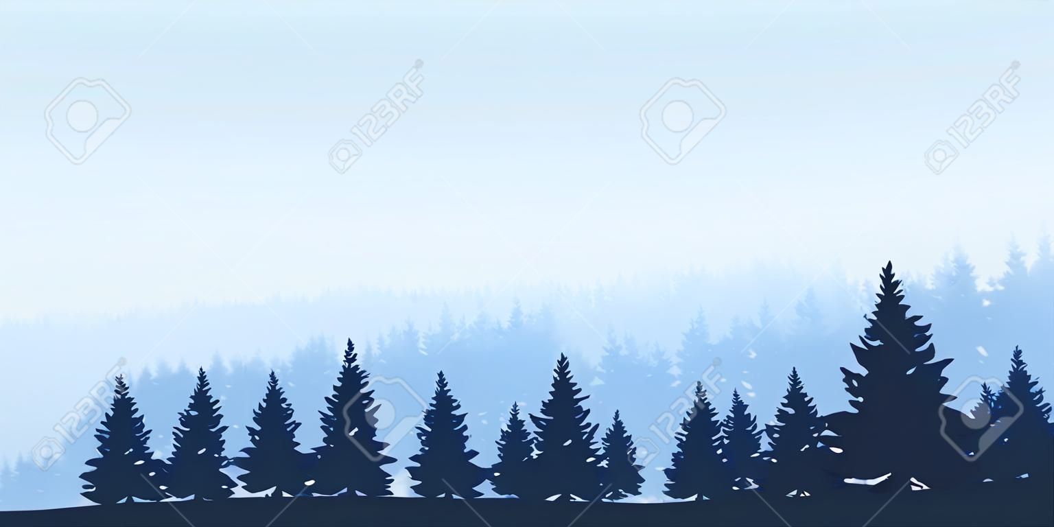 景观与蓝色的森林，在多云的天空下的全景视图-矢量