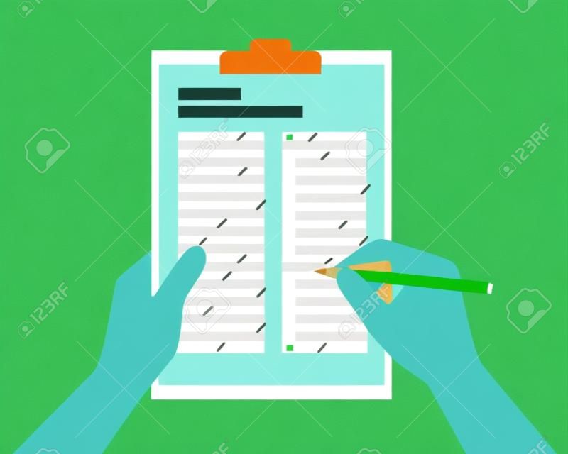 Płaska ilustracja męskiej lub żeńskiej ręki trzymającej ołówek i wypełniającej quiz lub egzamin z formularza testowego na białej kartce papieru z zielonym tłem