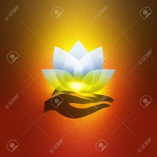 mãos segurando um ícone de flor de lótus, ioga e conceito de meditação