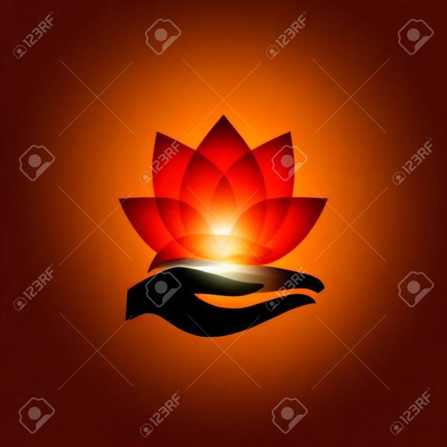 handen houden een lotus bloem pictogram, yoga en meditatie concept