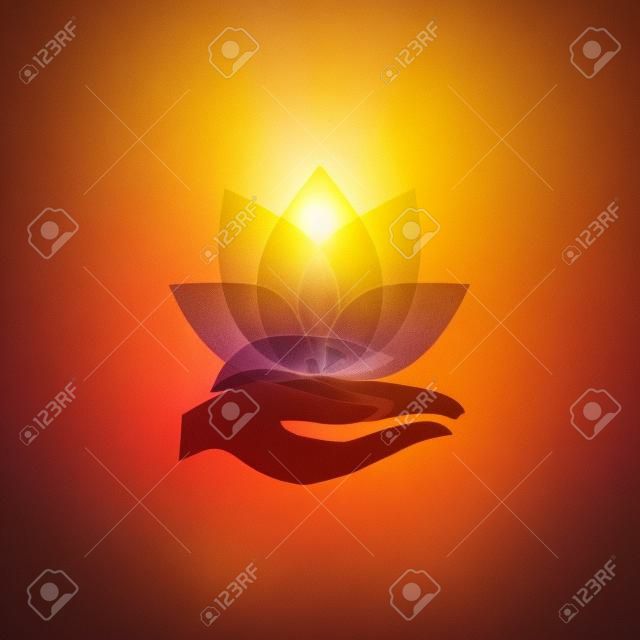 hands holding a lotus flower icon, yoga and meditation concept