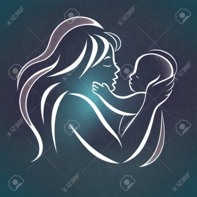 joven madre abraza a su bebé, símbolo vector estilizada