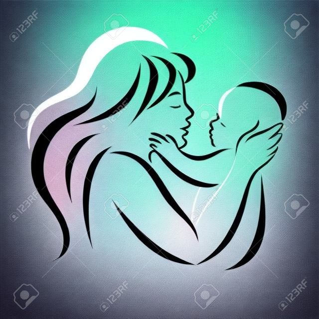 Молодой маме обнимает своего ребенка, стилизованные вектор символ