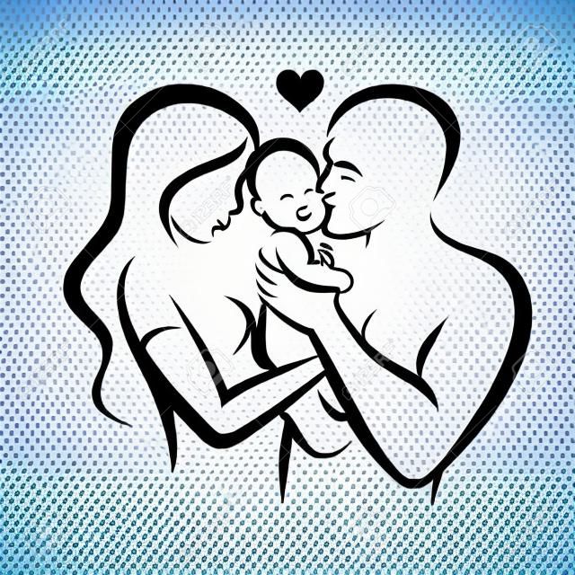boldog család stilizált vektor szimbólum, a fiatal szülők és a baba