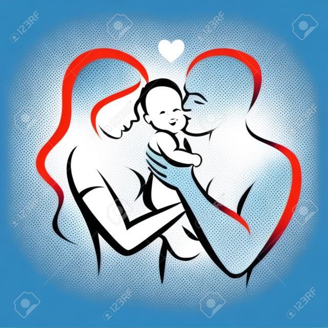 boldog család stilizált vektor szimbólum, a fiatal szülők és a baba