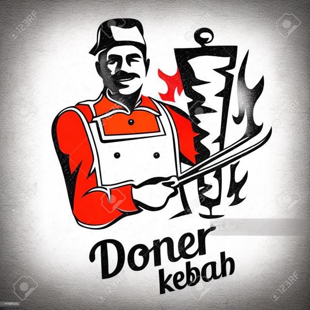 ázsiai származású séfje döner kebab illusztráció, körvonalazott szimbólum vintage stílusú, feliratok és emblémák sablon