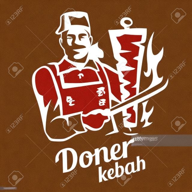 ázsiai származású séfje döner kebab illusztráció, körvonalazott szimbólum vintage stílusú, feliratok és emblémák sablon