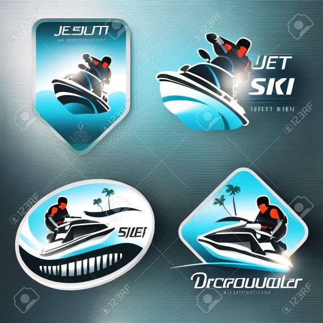 conjunto de jet ski de símbolos vetoriais estilizados, emblema e modelo de rótulo