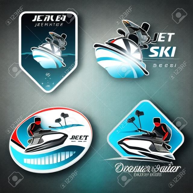jet ski set of stylized vector symbols, emblem and label template