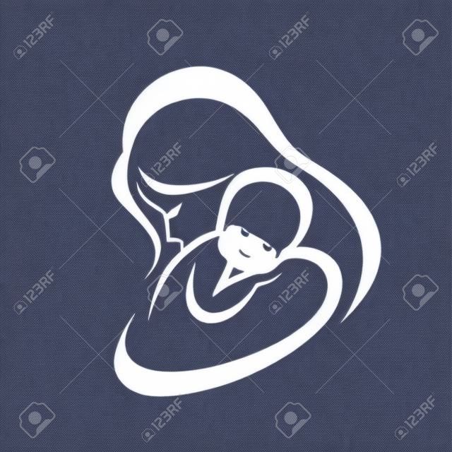 mother and baby stylized vector symbol, mom huges her child logo template