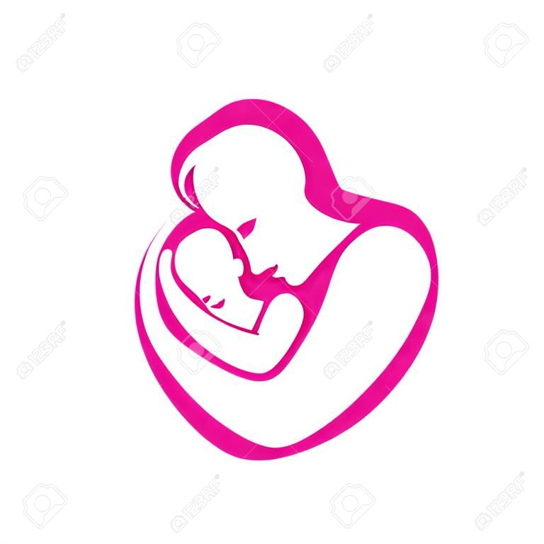 moeder en baby gestileerde vector symbool, mam groots haar kind logo template