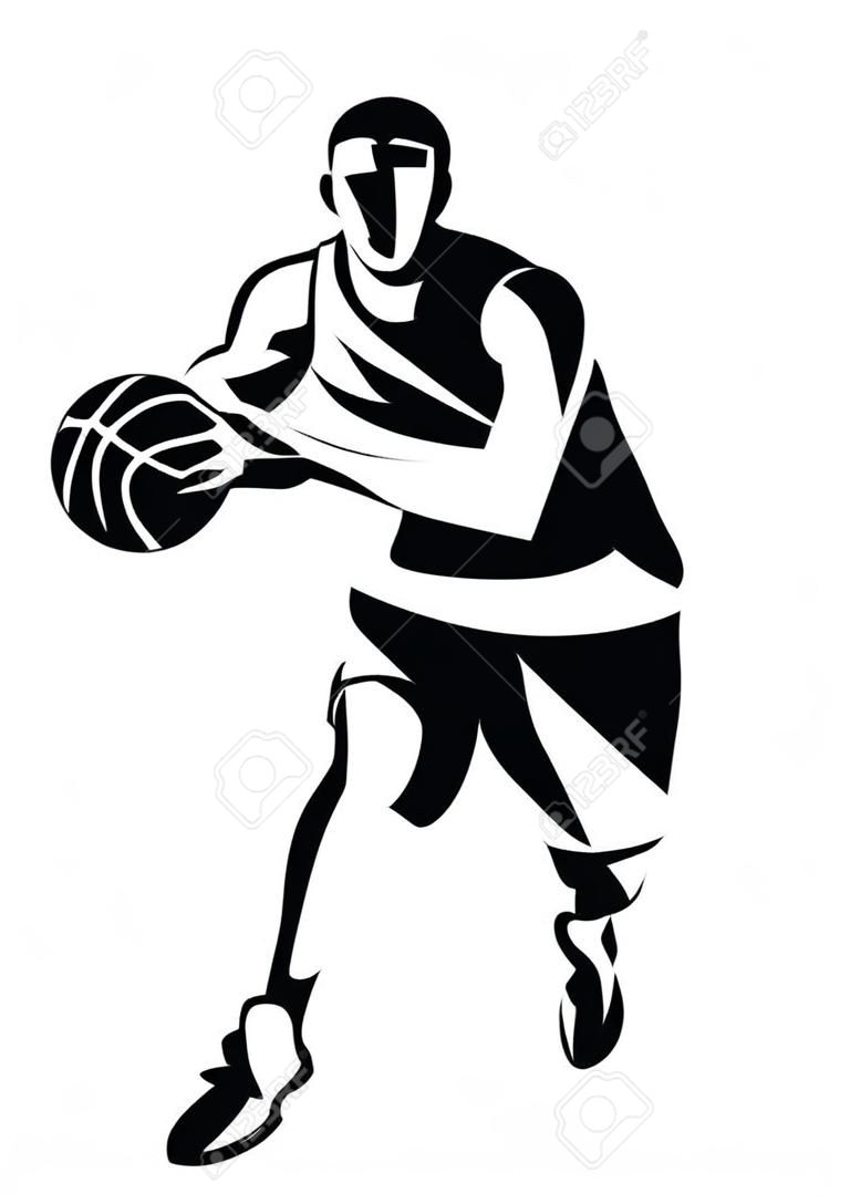 篮球运动员程式化的矢量轮廓，在概述的素描样式的徽标模板。