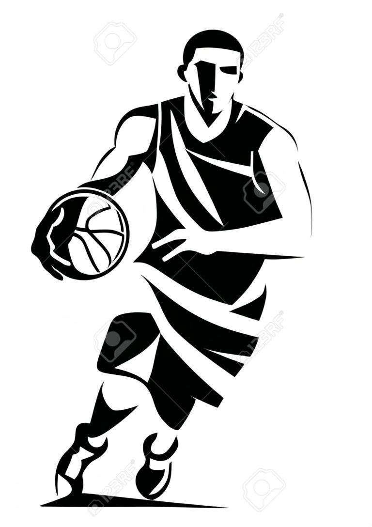 篮球运动员程式化的矢量轮廓，在概述的素描样式的徽标模板。