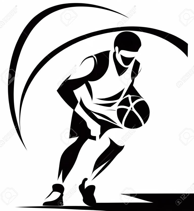 Sylwetka wektor stylizowane koszykarz, szablon logo w stylu zarysowanego szkicu.