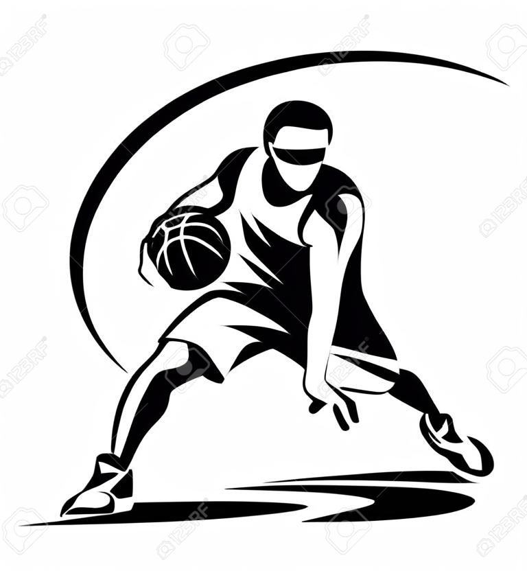 Stilisiert Vektorschattenbild des Basketball-Spielers, Logoschablone in umrissener Skizzenart.