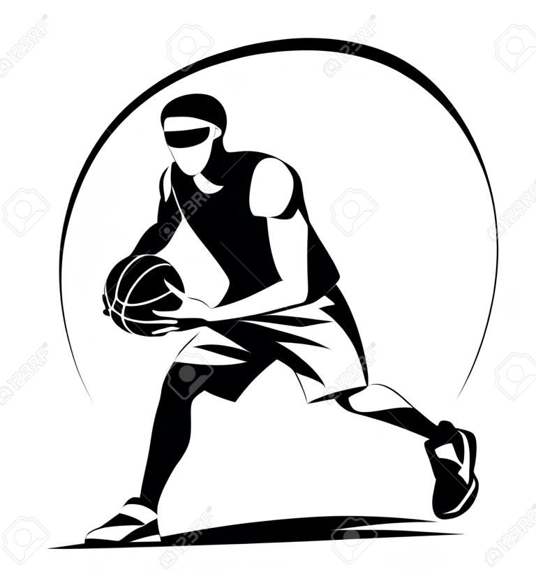 Sylwetka wektor stylizowane koszykarz, szablon logo w stylu zarysowanego szkicu.