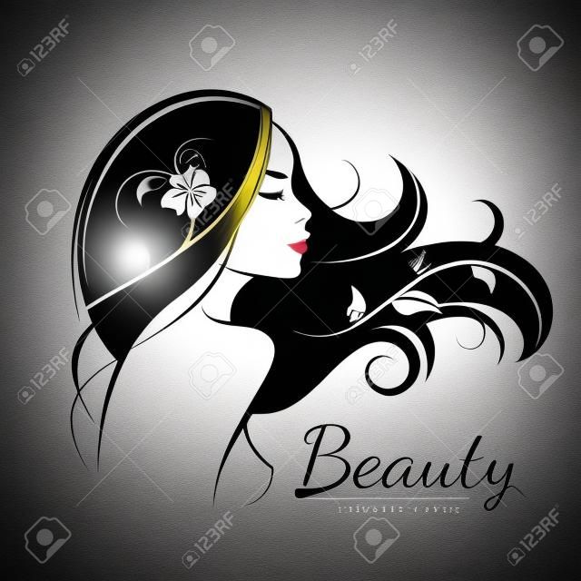 女性のヘアスタイル様式シルホウエット、美容院ロゴテンプレート