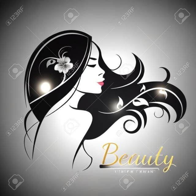 女性のヘアスタイル様式シルホウエット、美容院ロゴテンプレート