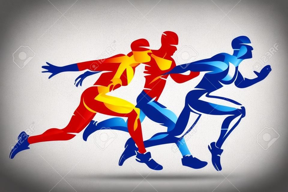 Running atleten op rode, gele en blauwe kleur vector symbool, sport en competitie concept achtergrond.