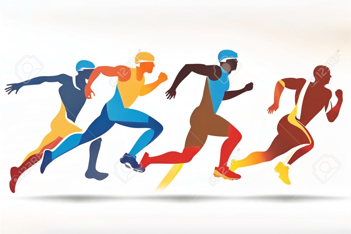 Laufende Athleten auf rotem, gelbem und blauem Farbvektorsymbol-, Sport- und Wettbewerbskonzepthintergrund.