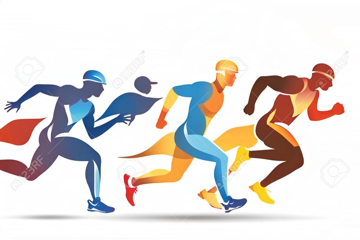 Running athletes on red, yellow and blue color vector symbol, sport and competition concept background.