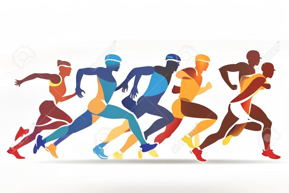 Бегущие спортсмены на красном, желтом и синем цветном векторном символе, спорте и концепции соревнований.