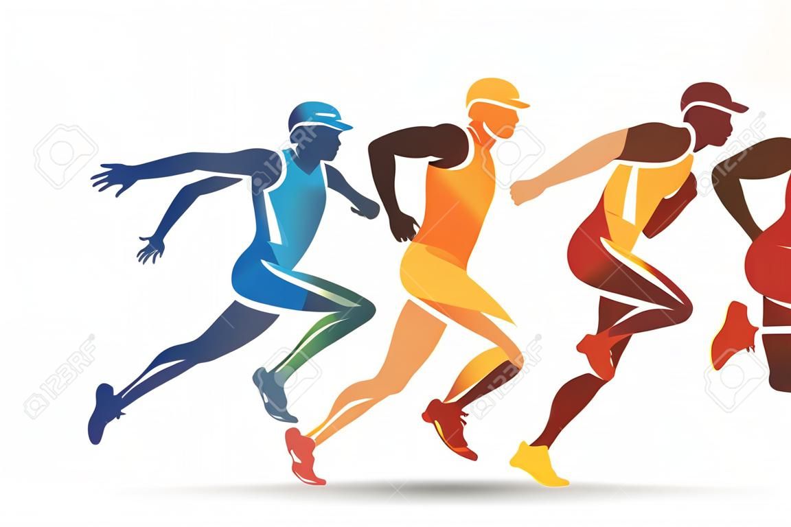 Running athletes on red, yellow and blue color vector symbol, sport and competition concept background.