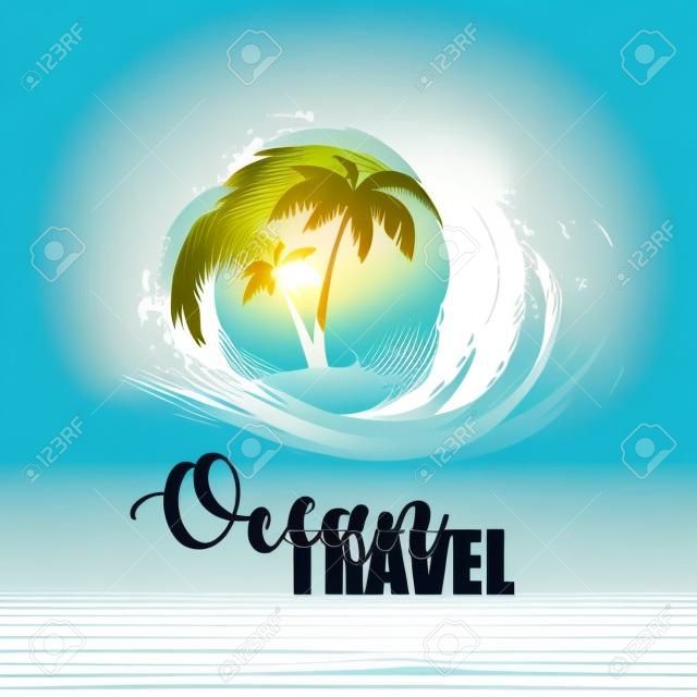 zeegezicht met palmbomen op eiland en oceaan golven, gestileerde vector symbool