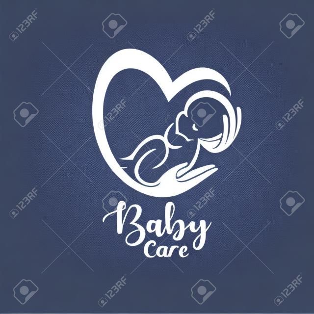 baby sleeping in hands, baby care stylized vector symbol