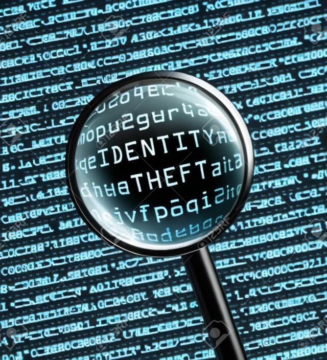 Il furto di identità parole rivelato in codice macchina computer attraverso una lente di ingrandimento