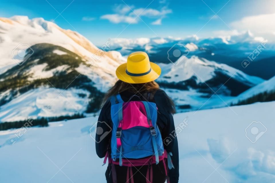 A woman with a backpack and a hat is hiking in the mountains.