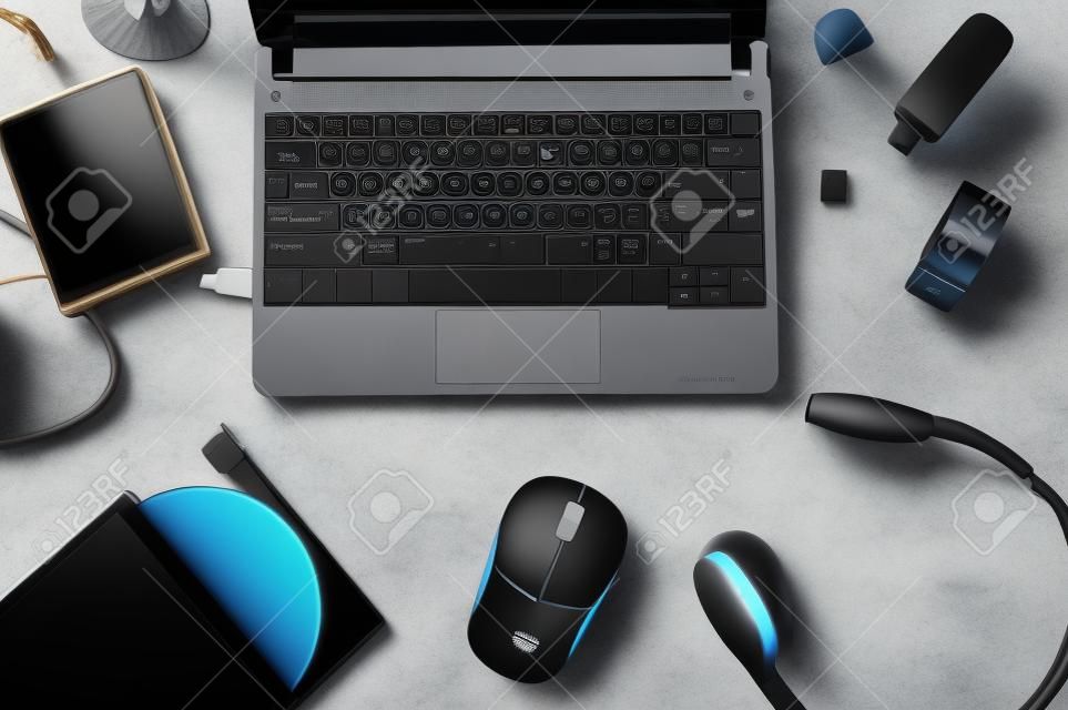 Peryferia i akcesoria laptopa. Skład na ladzie kamienia