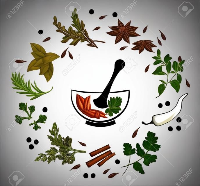 Herbs and spices in a mortar.  Isolated black silhouette  on a white background.  Menus of restaurants, cafes.  Element to decorate posters banners flyers. Vector illustration