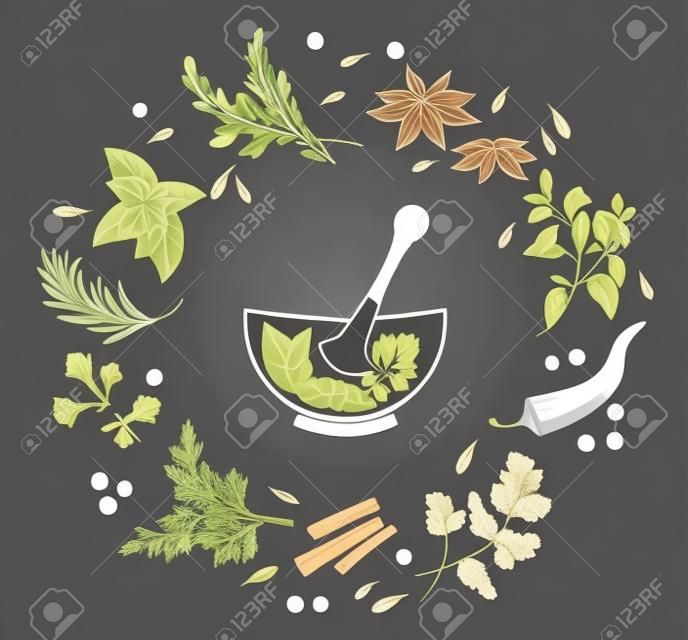 Herbs and spices in a mortar.  Isolated black silhouette  on a white background.  Menus of restaurants, cafes.  Element to decorate posters banners flyers. Vector illustration