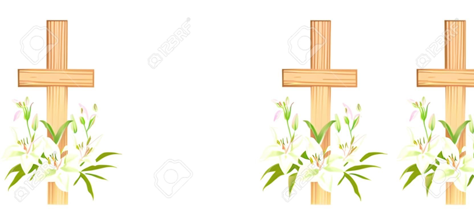 Krzyż z liliami. religijny symbol wielkanocny. kolorowy zestaw krzyży z liliami i całunem. element projektu plakatu niedzieli wielkanocnej, karta, pozdrowienia. odosobniony. ilustracja wektorowa