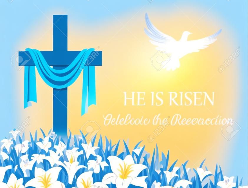 He is risen, celebrate the resurrection. Cross with shroud and lilies against the blue sky. The dove flies in the rays of light. Religious symbols of Good Friday and Easter. Vector illustration