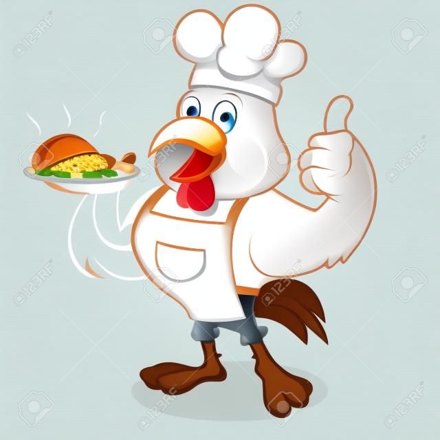 Cappello del cuoco unico d'uso del fumetto del pollo e alimento di trasporto isolato nel fondo bianco