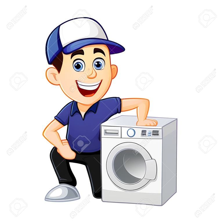 Hvac-Reiniger oder Techniker, der sich auf eine Karikaturillustration der Waschmaschine stützt, kann im Vektorformat für unbegrenzte Bildgröße heruntergeladen werden
