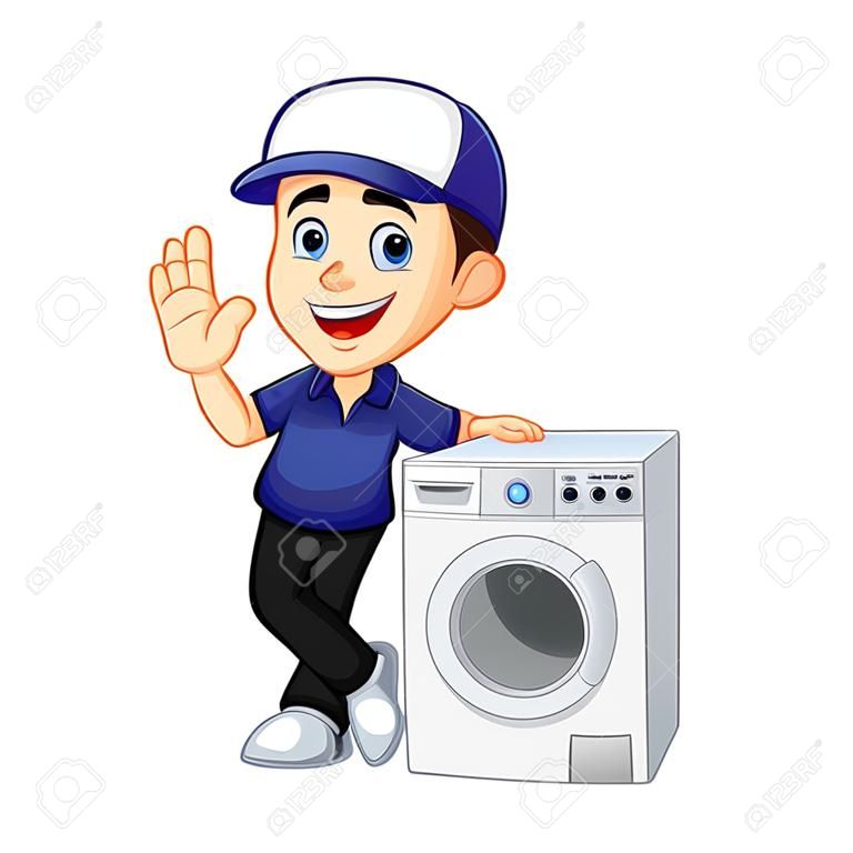 Hvac Cleaner or technician leaning on washing machine cartoon illustration, can be download in vector format for unlimited image size