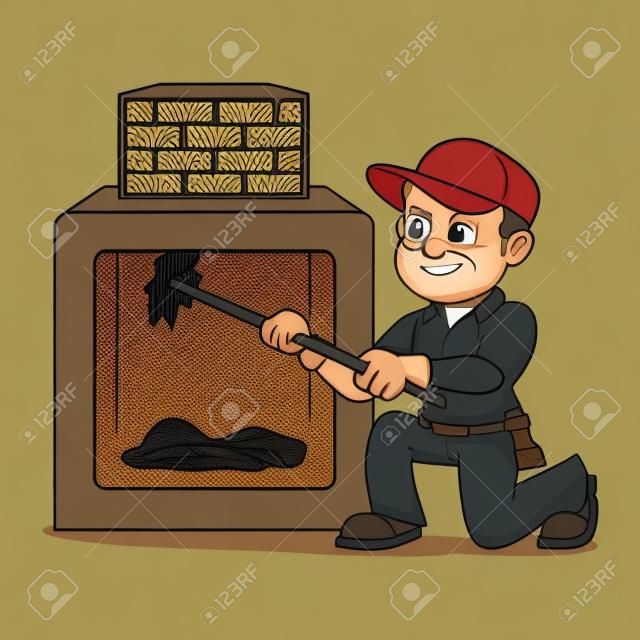 L'illustration de dessin animé de cheminée de nettoyage de ramoneur de cheminée, peut être téléchargée au format vectoriel pour une taille d'image illimitée