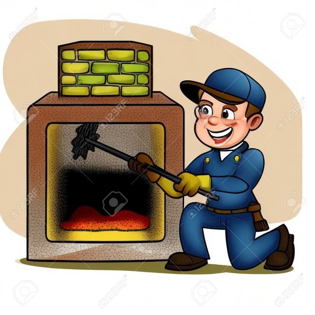 Chimney Sweeper cleaning fireplace cartoon illustration, can be download in vector format for unlimited image size